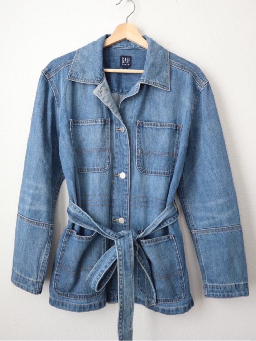 GAP Belted Light Indigo Wash Denim Shirt Jacket Shacket Size Small - Picture 2 of 5